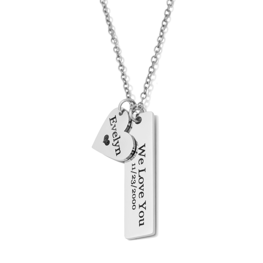 Necklace – Personalized Heart Name Engraved Bars With Birthstone for Women/Men