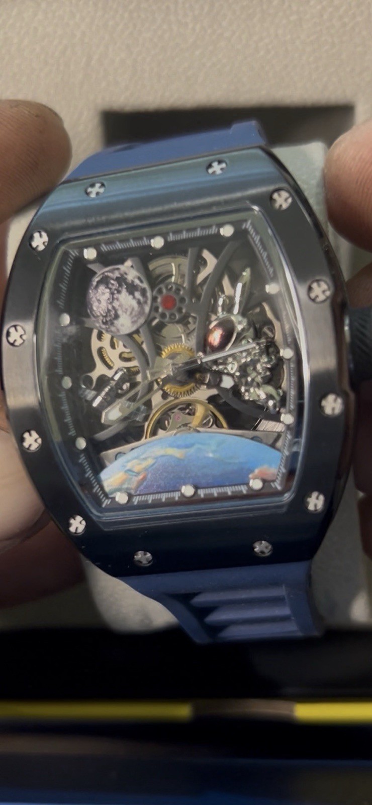 Invicta Automatic Men’s Watch Skeleton Dial Black Case Blue Silicone Strap 44mm