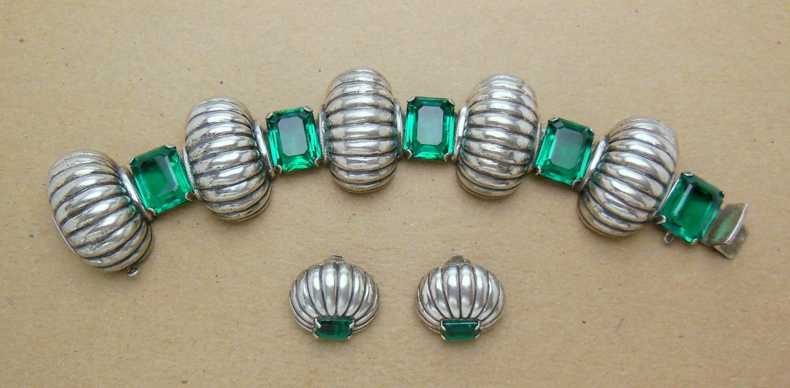 Vintage 40’s BOUCHER PARISINA Mexico Sterling Green Glass Bracelet & Earring SET