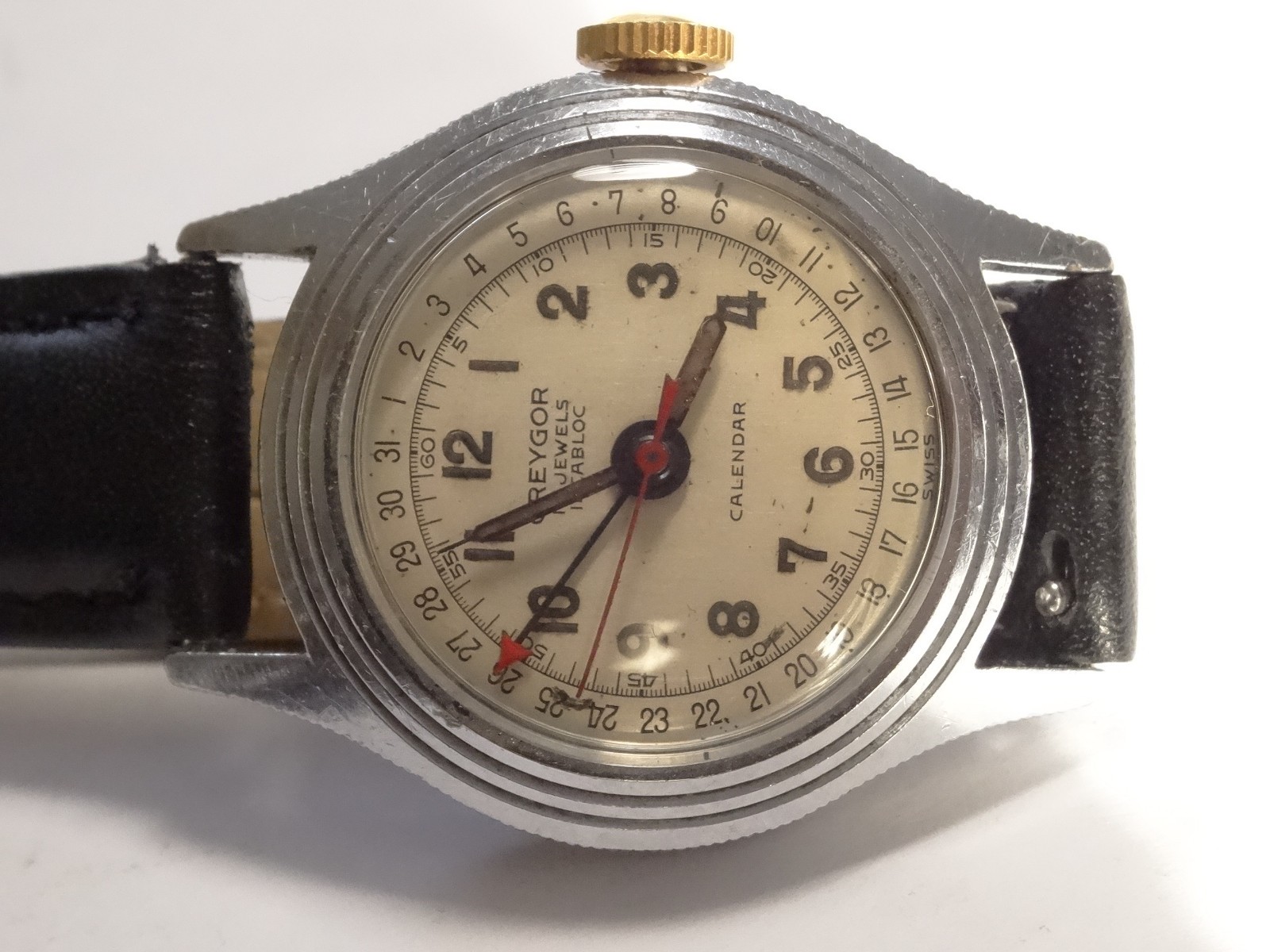 1950s Greygor Calendar 30mm 17J FHF28 Arrow Date Pointer Watch Stepped Case Runs