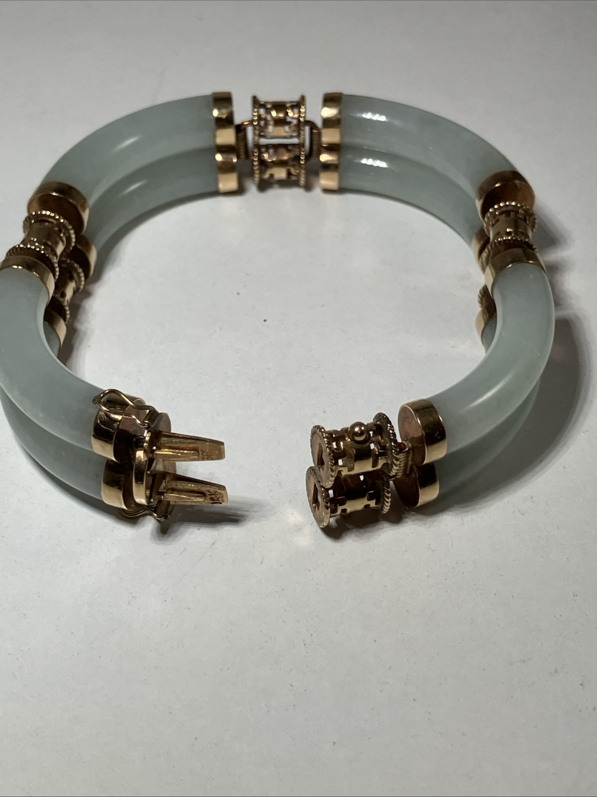 14K 585 Double Link 7 Inch Jade Jadeite Bracelet 46g Double Sided Safety Clasp