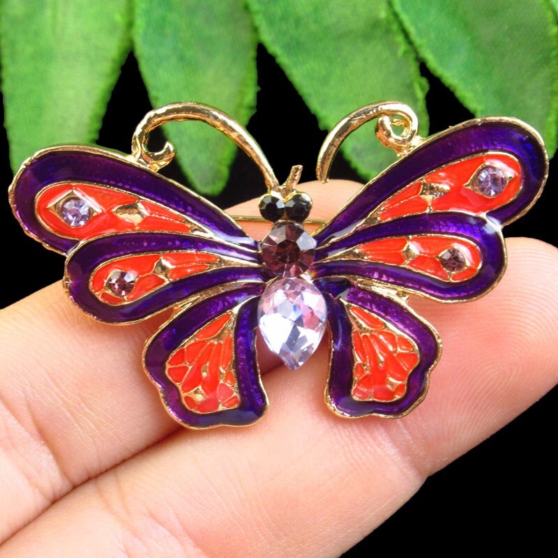 Red Purple Enamel Rhinestone Tibetan Golden Butterfly Brooch FSM63306