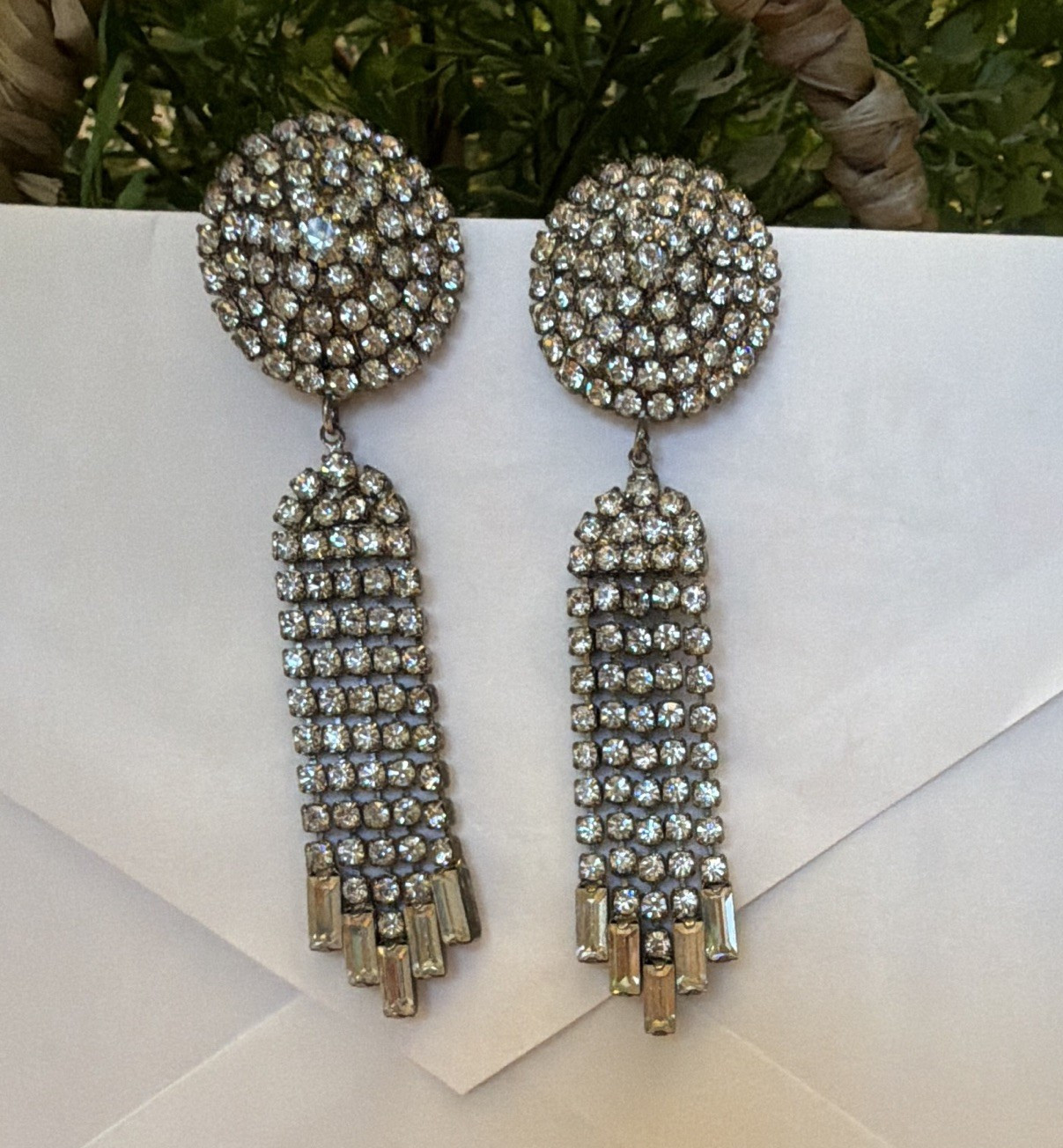 Silver Tone White Pavé Rhinestone Tassel Dangle Earrings Post Back 3 in
