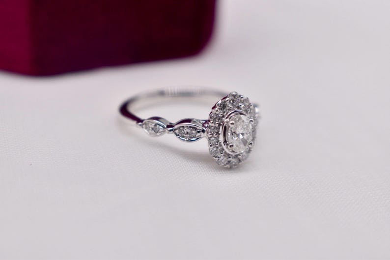 Vintage Style Oval Cut Moissanite Halo Engagement Ring Dainty Promise Ring Her