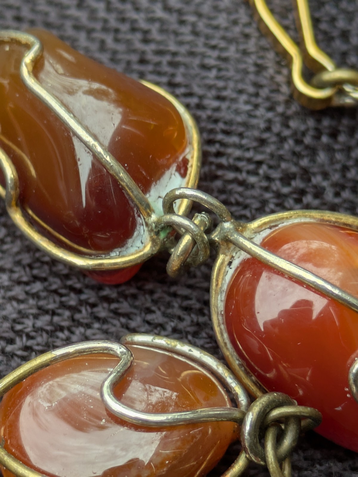Wire Wrapped Tumbled Banded Agate 32.5″ Necklace ~ Red Orange Brown Gemstone F19