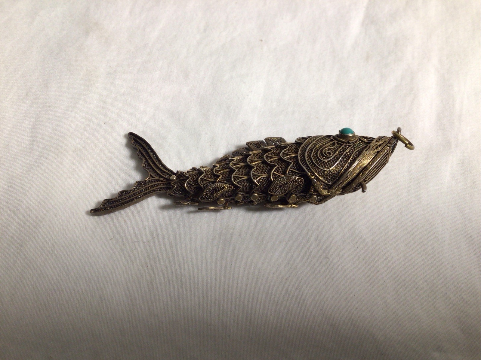 Silver Articulated Figural Fish Pill Box Turquoise Pendant Gilt Vintage