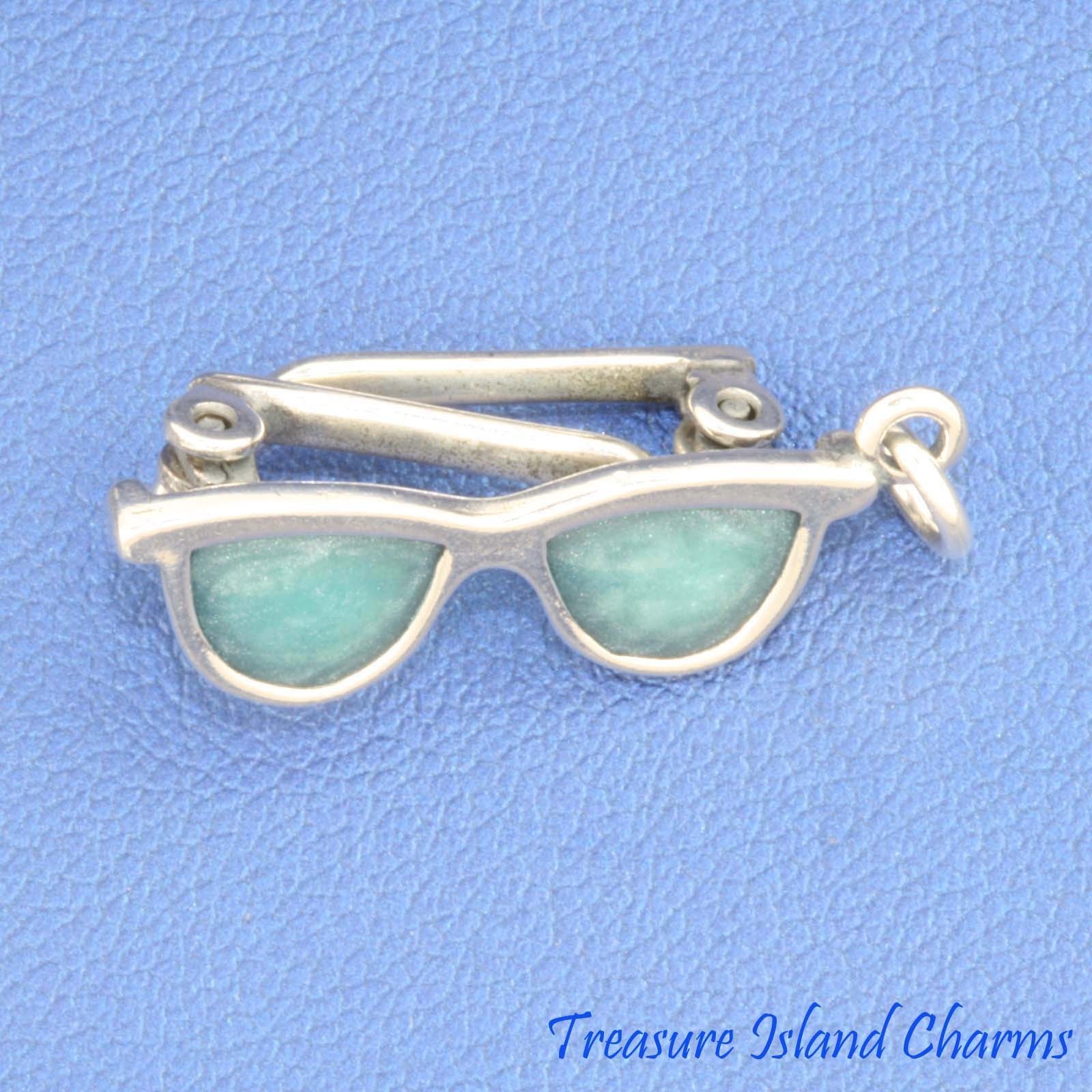 Blue Enamel Sunglasses Movable 3D 925 Solid Sterling Silver Charm Beach Sun