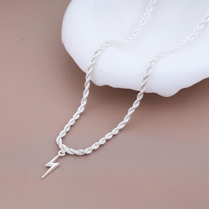 Silver Rope Chain Necklace with Lightning Bolt Pendant –Trendy Statement Jewelry