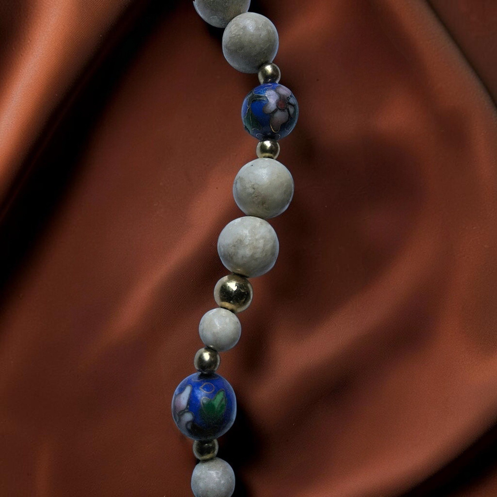 Vintage Cloisonné Owl Necklace Natural Matte Stone Enamel Floral Beads 27″