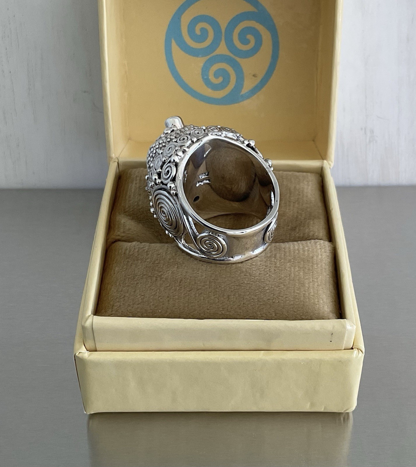 Sajen Carved Obsidian Goddess Face & Blue Topaz Ring 925 Sterling Silver Size 7