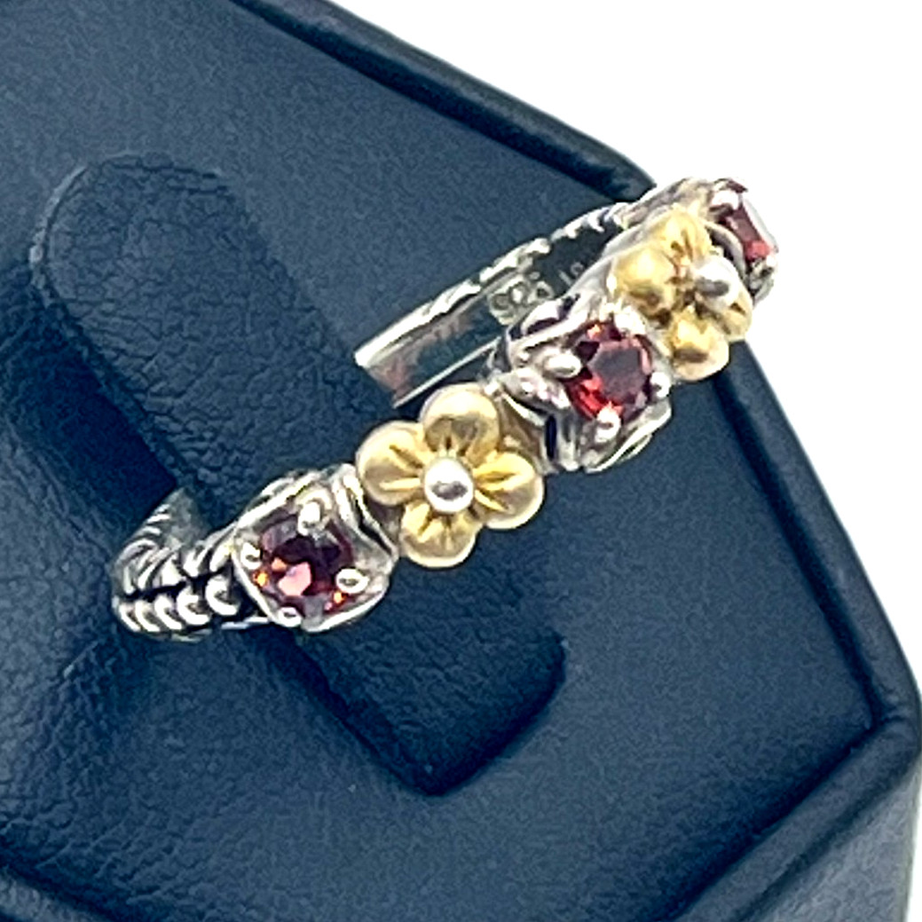 Barbara Bixby Band Ring Sz 8 Garnet and 18k Lotus Flower Accents Sterling 925