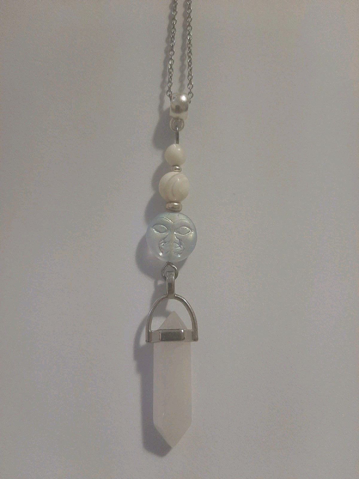 Genuine Milky CLEAR QUARTZ Crystal Point MOP Shell Beads Glass Moon Face Pendant