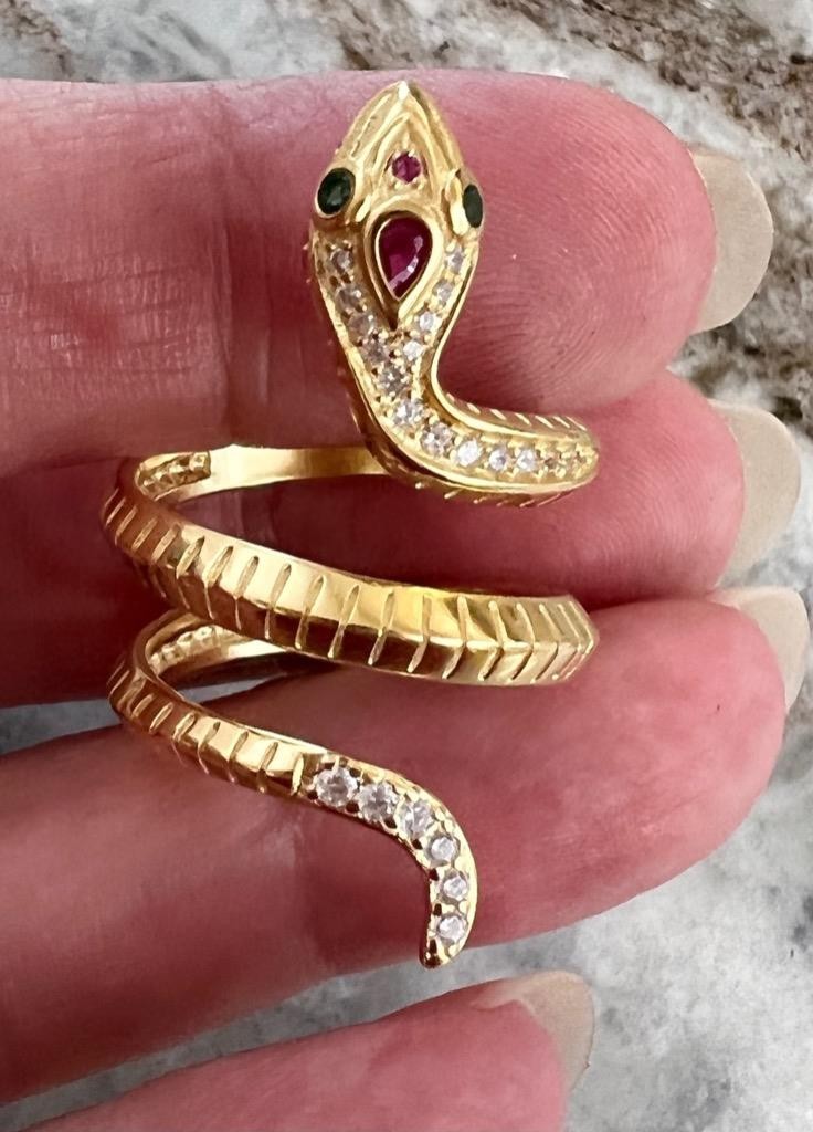 REAL Ruby Emerald Diamond Snake Ring 14K Y Gold on 925 wrap coiled Egyptian Rev