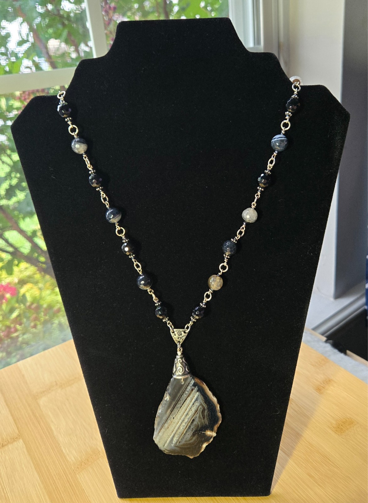 Banded Brown and White Agate Pendant Necklace 26″