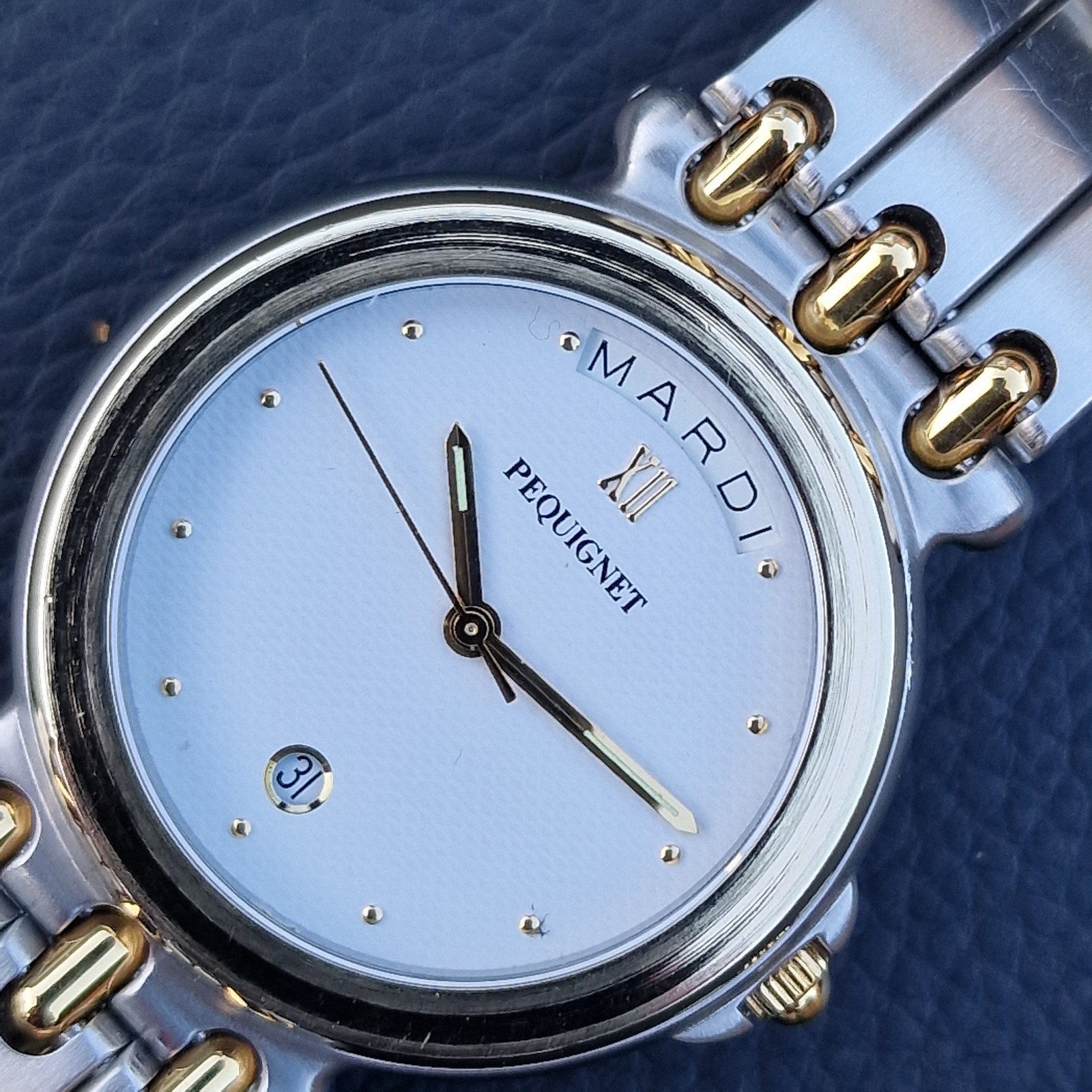 Gents EMILE PEQUIGNET Morea Date & Day Quartz watch, Box and papers, 33mm.
