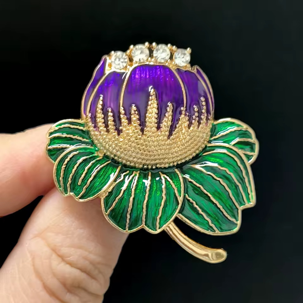 Rhinestone Purple Lotus Flower Brooch Gold Plant Pin Spring Summer Jewelry Gift