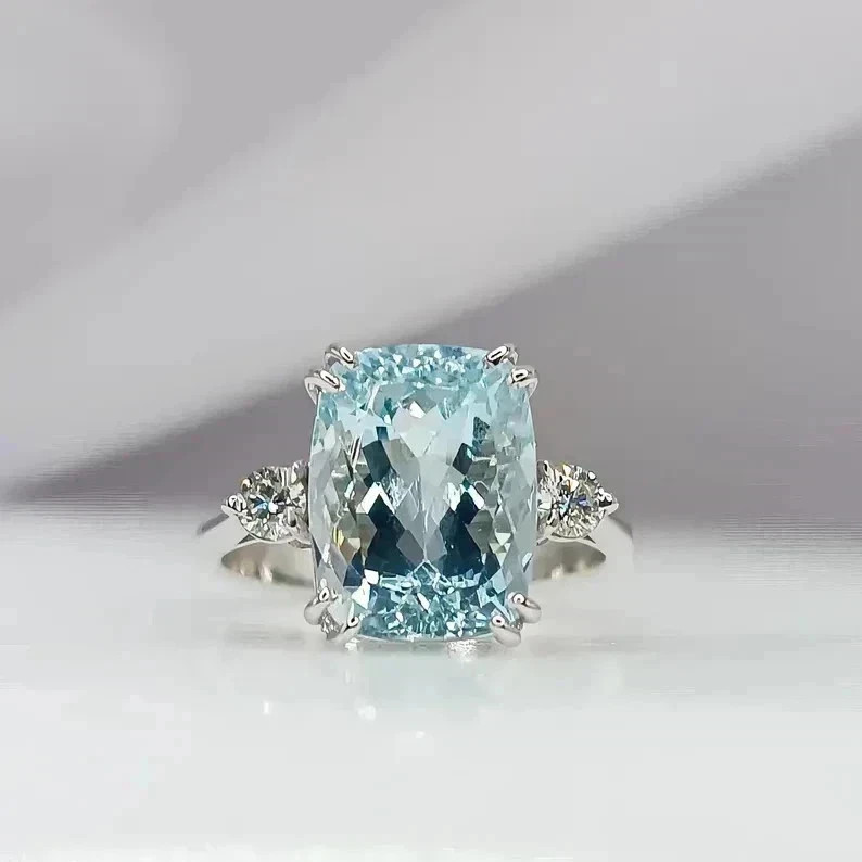 6.50 Ct Cushion Cut Lab Created Aquamarine Wedding Ring 14K White Gold Plated