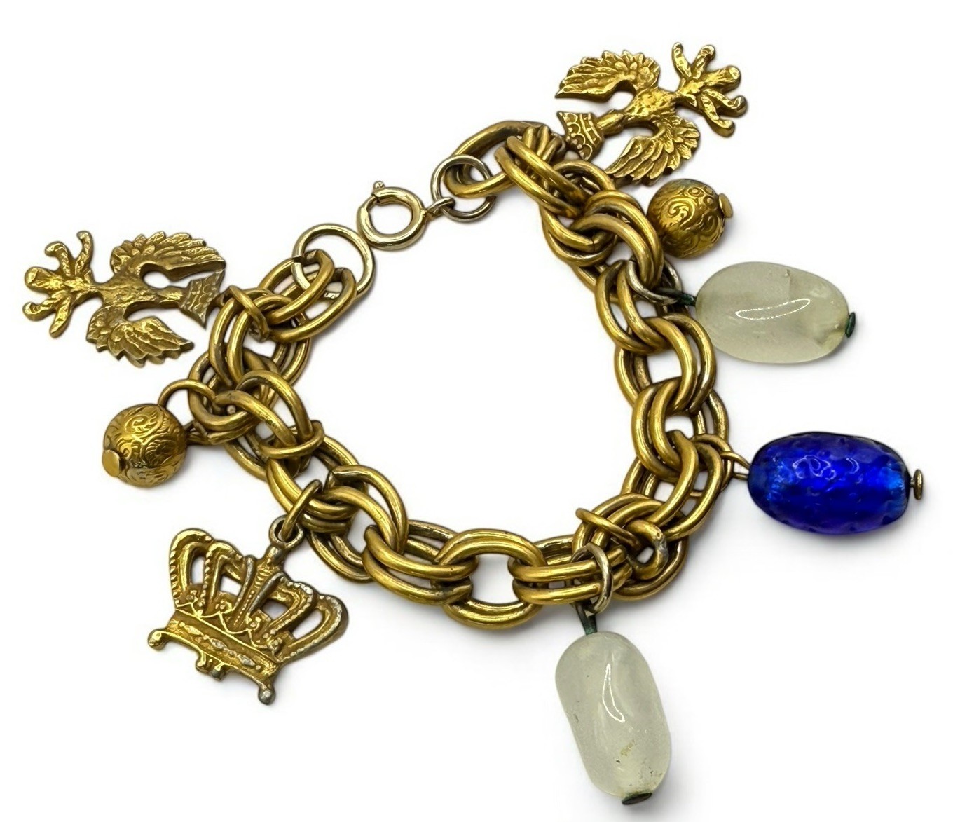 Vintage Charm Bracelet Royal Eagle Crown Glass Beads Link Gold Tone