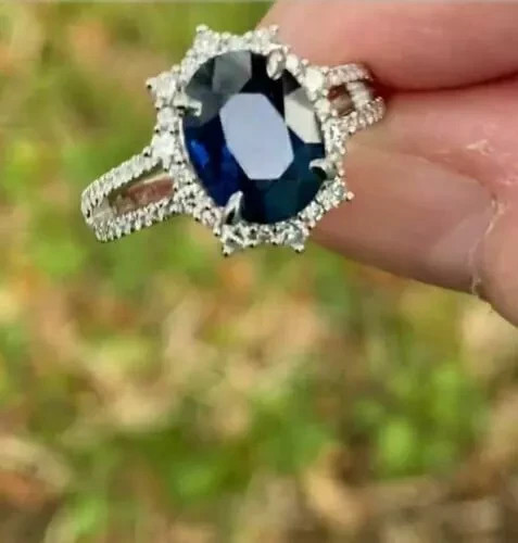 4.60 Ct Oval Natural Sapphire & Diamond Wedding Ring 14K White Gold Size 6