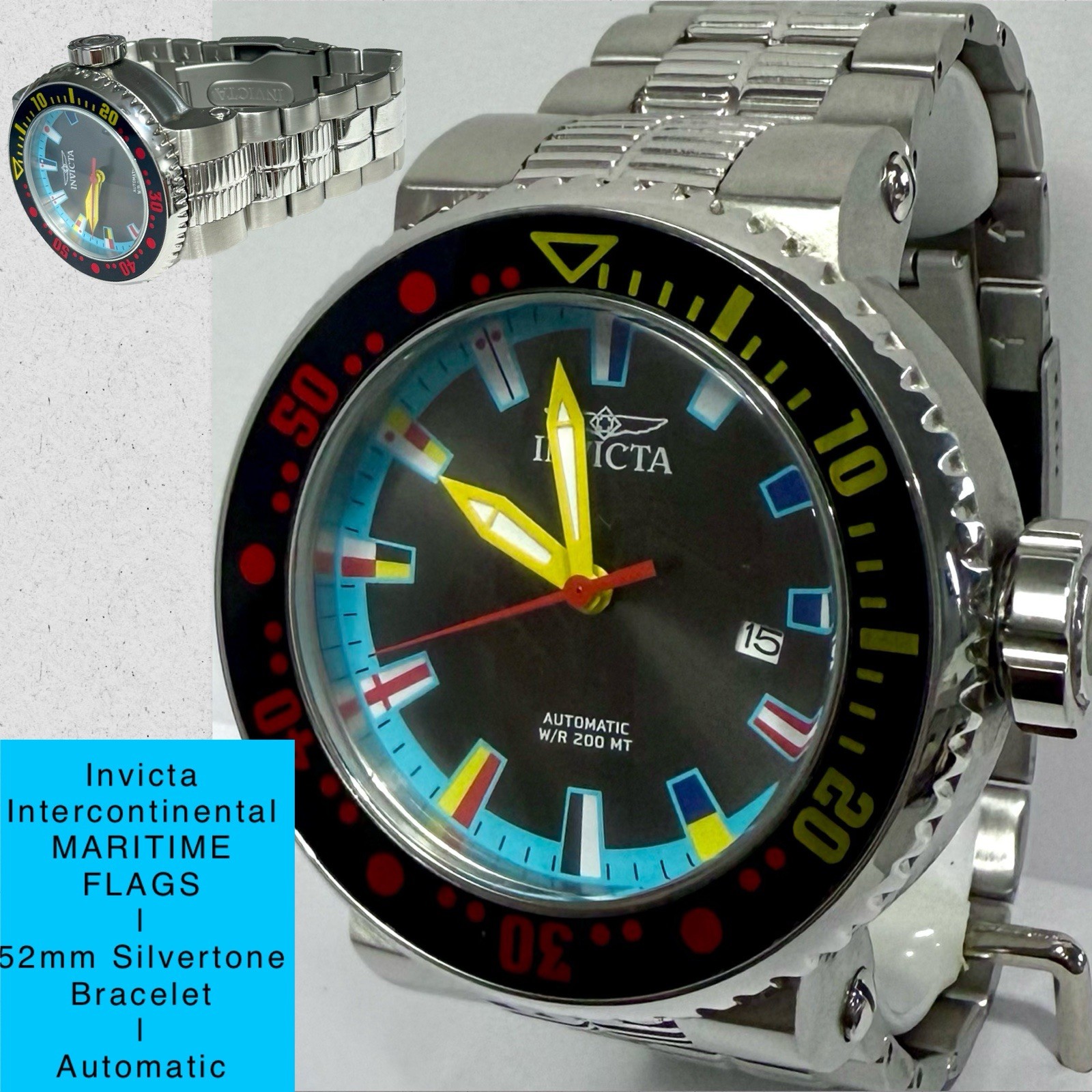 52mm Auto MARITIME Flags | Gray Dial | Silvertn Bracelet PRO DIVER Invicta Watch