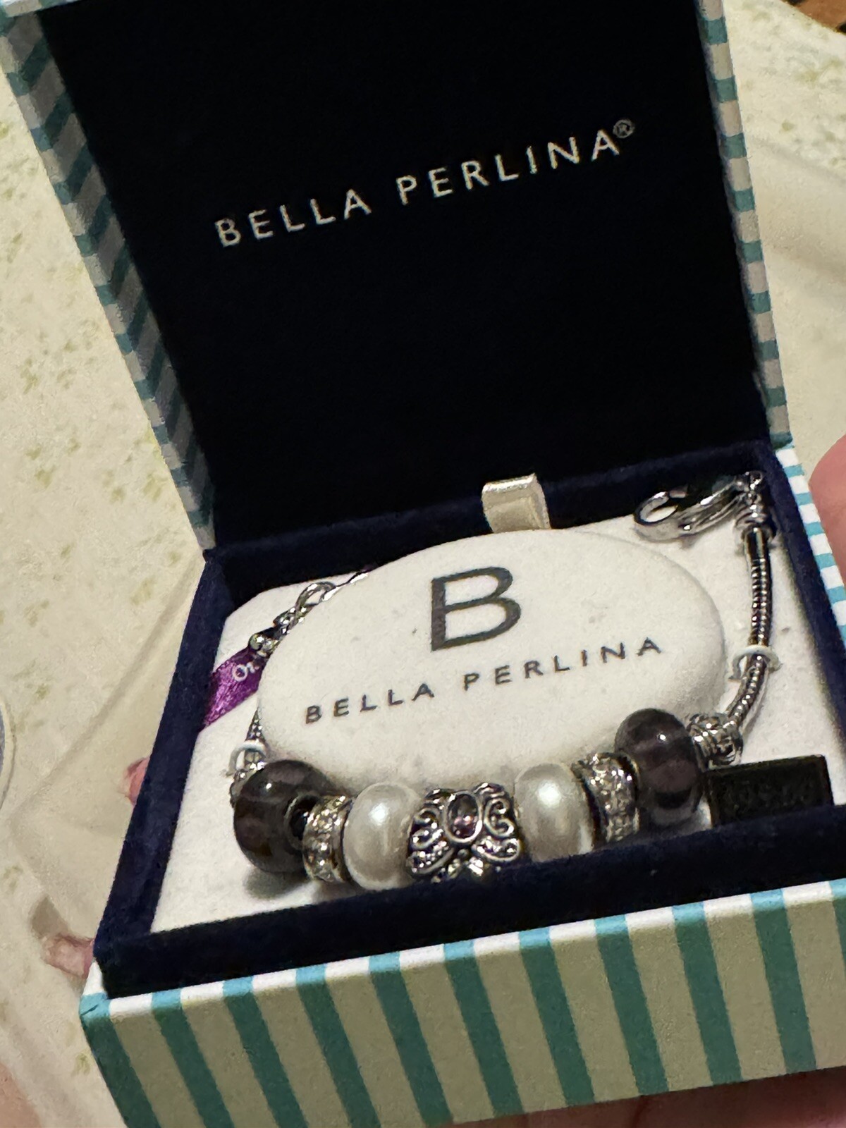 Bella Perlina Purple Butterfly Charm Metal & Pearl Beaded Silver Charm Bracelet
