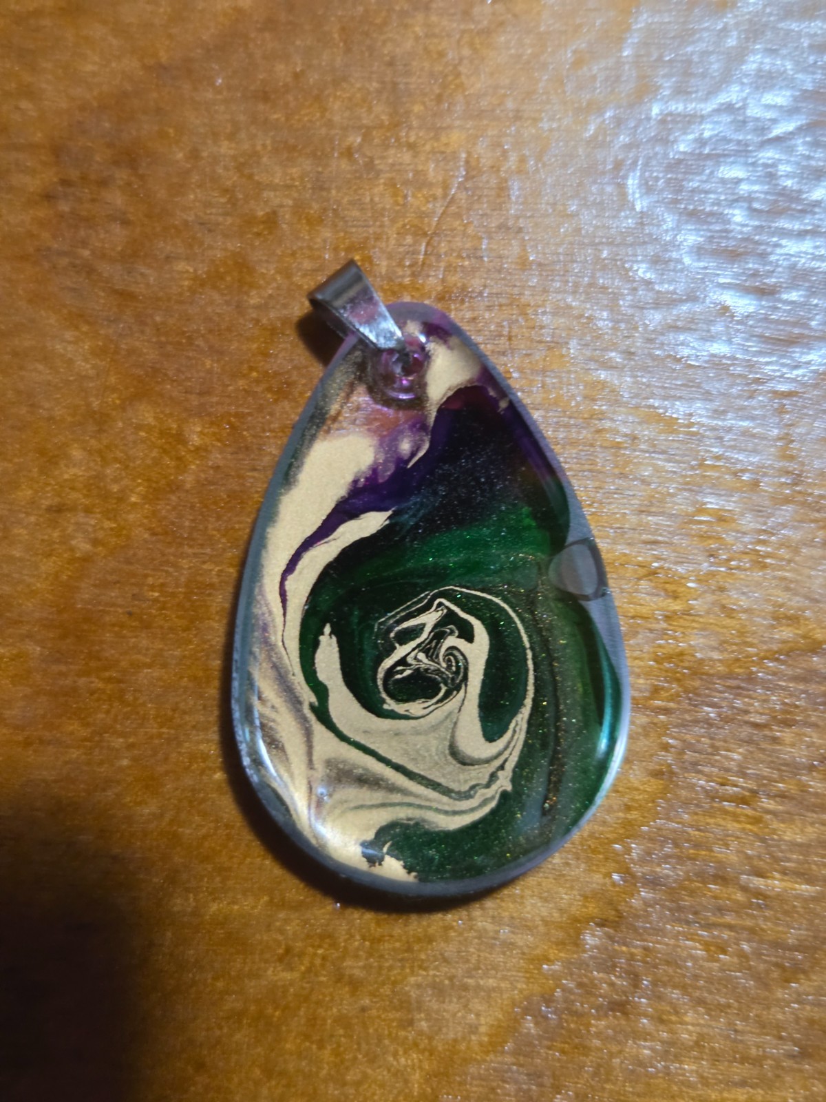 OOAK Green Pink Spiral Petri Effect Resin Teardrop Pendant N115