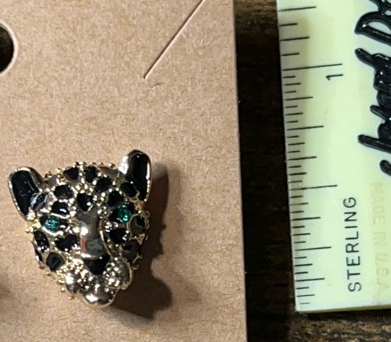 Gold Leopard Head Stud Earrings Clear & Black Crystals Unisex Animal Jewelry