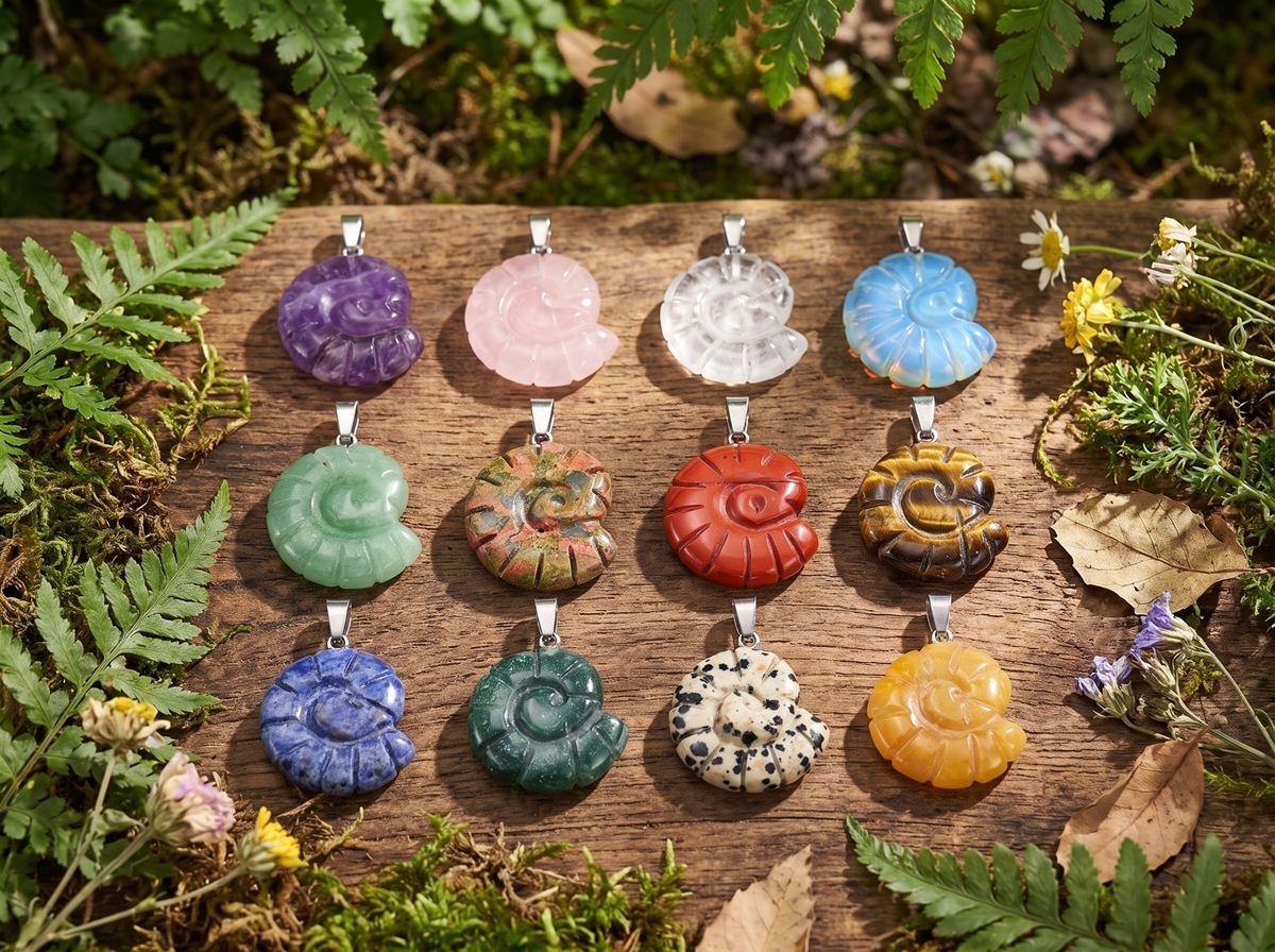 5PCS Carved Gemstone Conch Shell Pendant 25mm Crystal Ammonite Fossil Charms