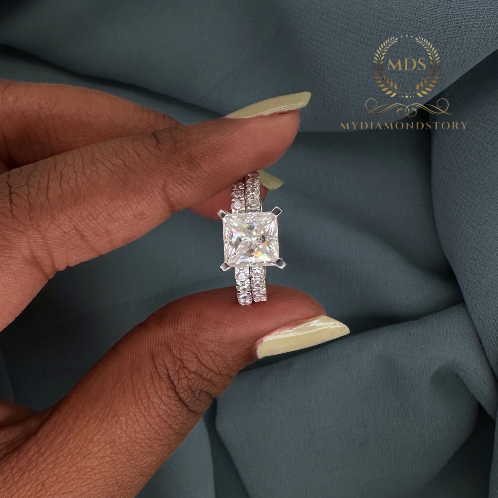 3 Carat Princess Cut Moissanite Bridal Set Engagement Ring Solid 14K White Gold