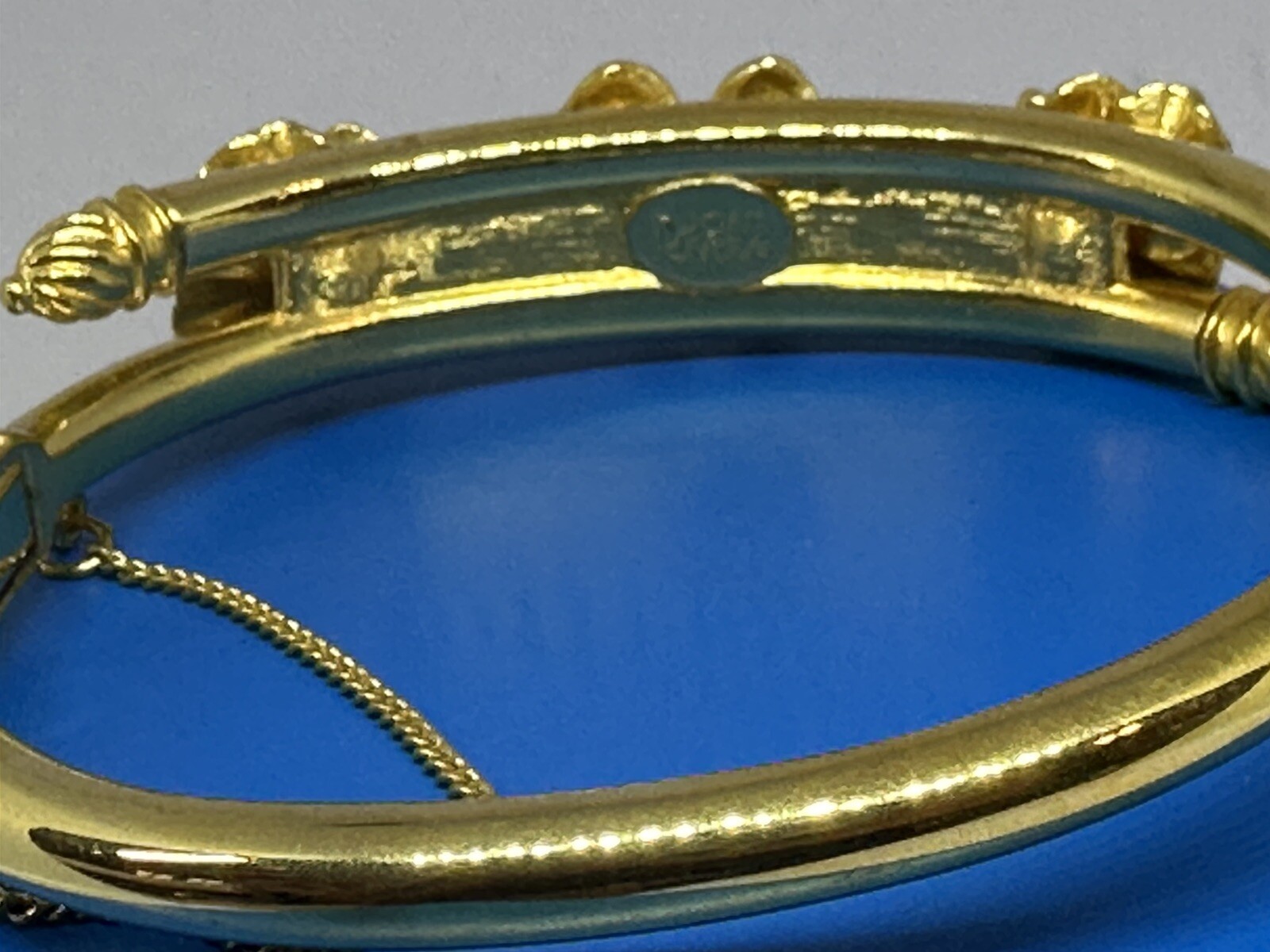 Vintage Joan Rivers Flower Bangle Bracelet Pearl Gold Tone With Safety Chain