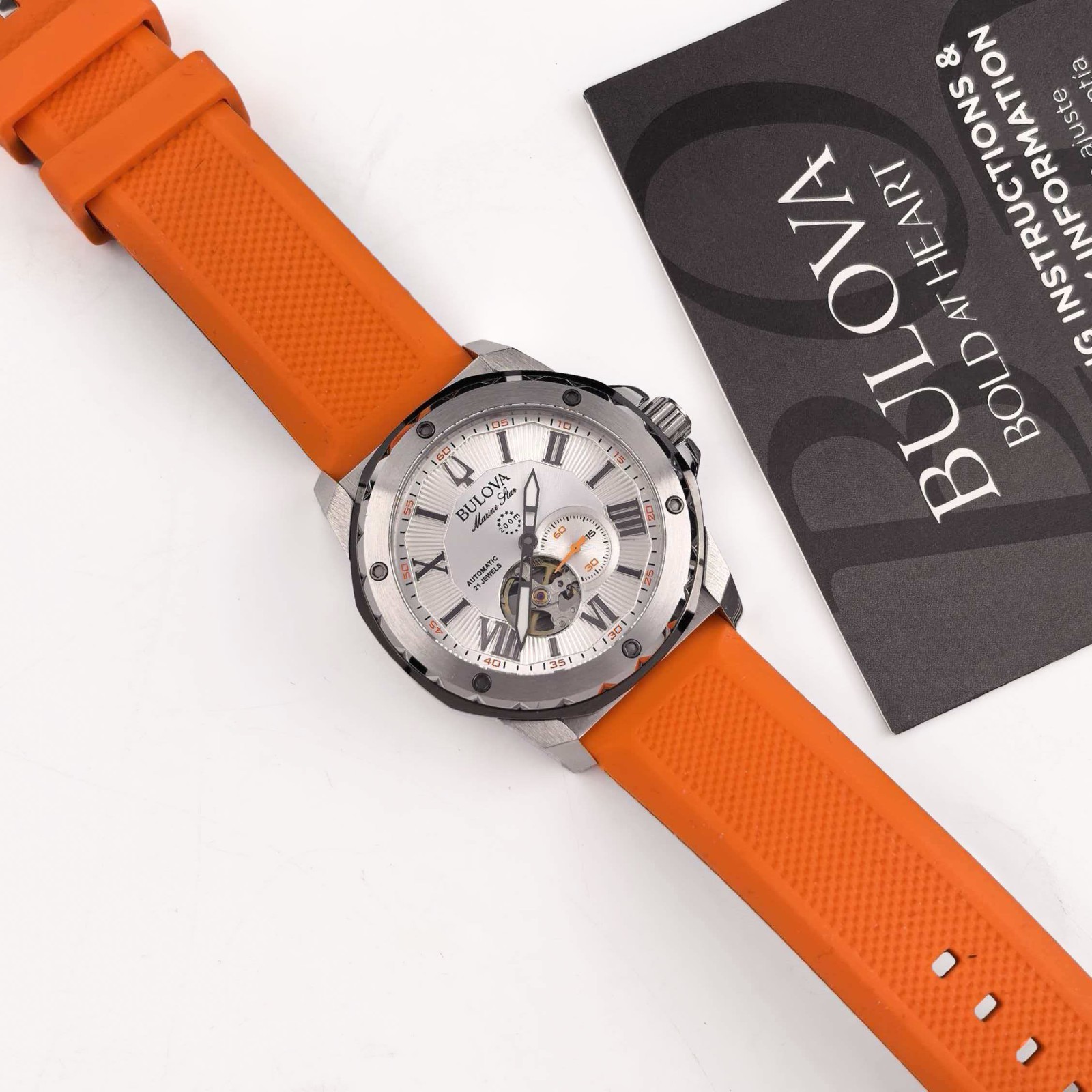 Bulova 98A226 Marine Star Men’s Silver Dial Orange Rubber Strap Automatic Watch