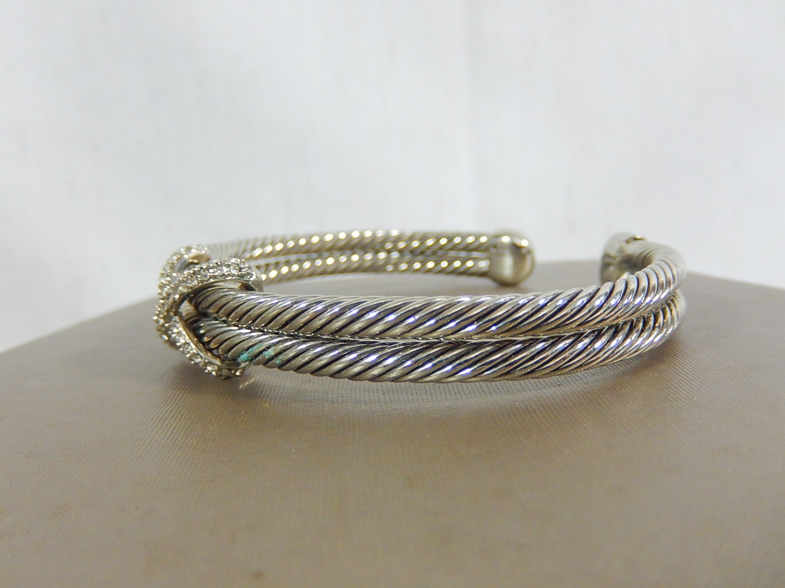 VTG CABLE 2 ROW SILVER CRYSTAL CUFF BRACELET LARGE 7.75″ SIZE