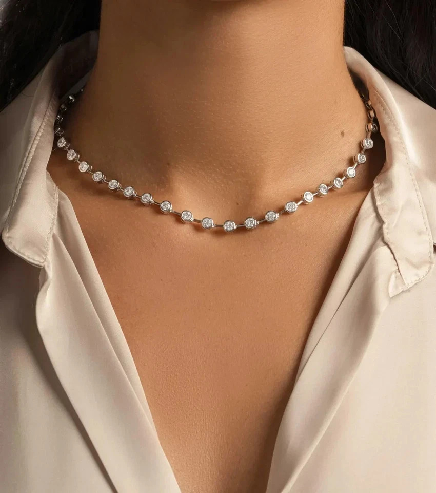 15TCW Round Lab Created Diamond Bezel Set Tennis Necklace 925 Sterling Silver