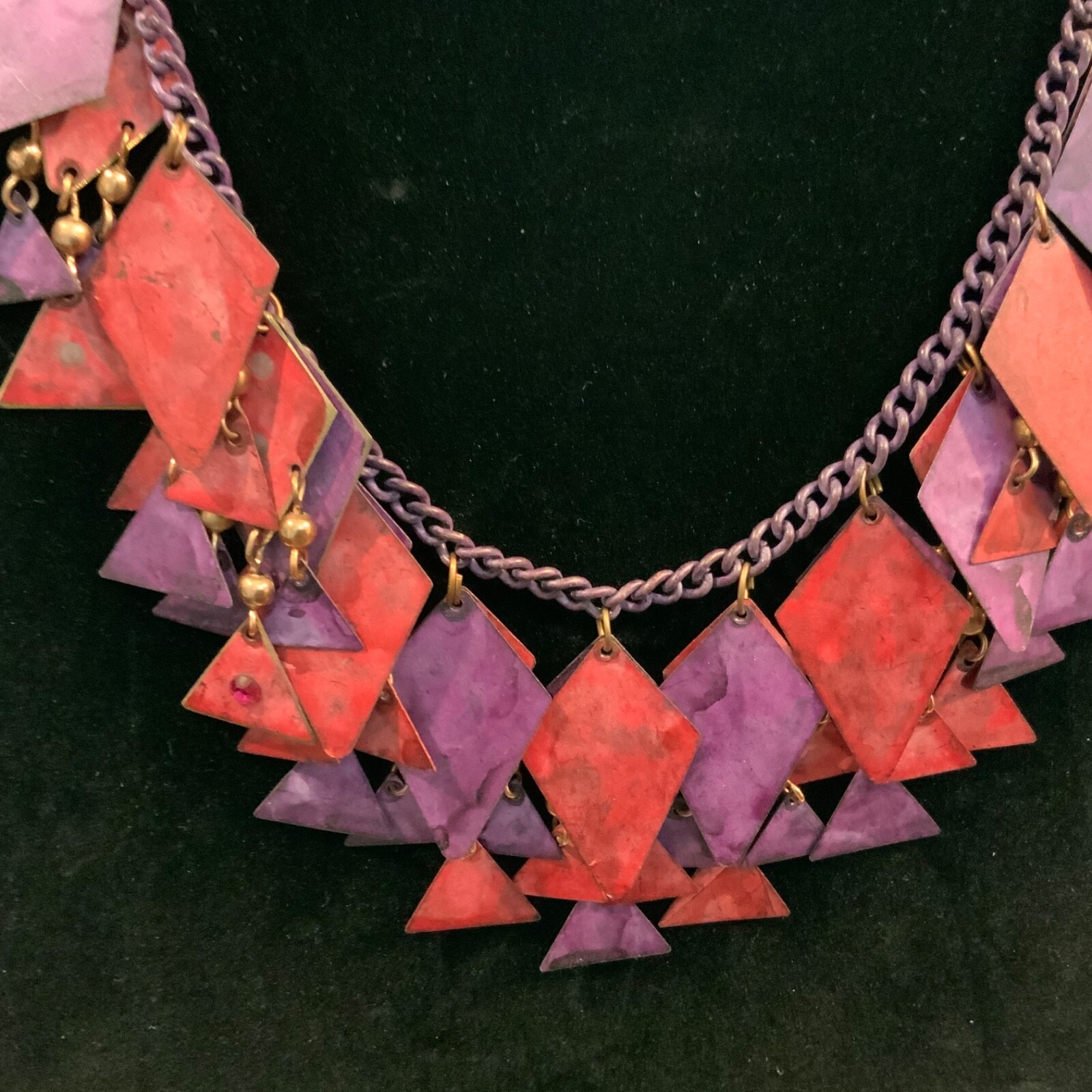 Geometric Necklace painted aluminum pink purple chain 24 inch long