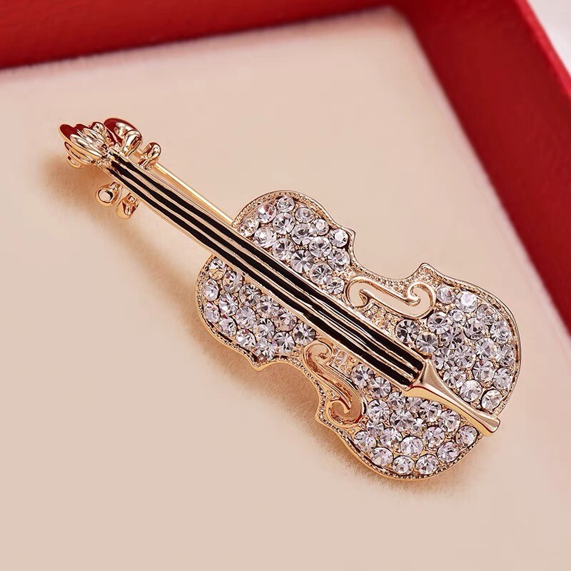 Elegant Metal Rhinestone Violin Brooch – Silver/Gold/Rose Gold Tone Pin