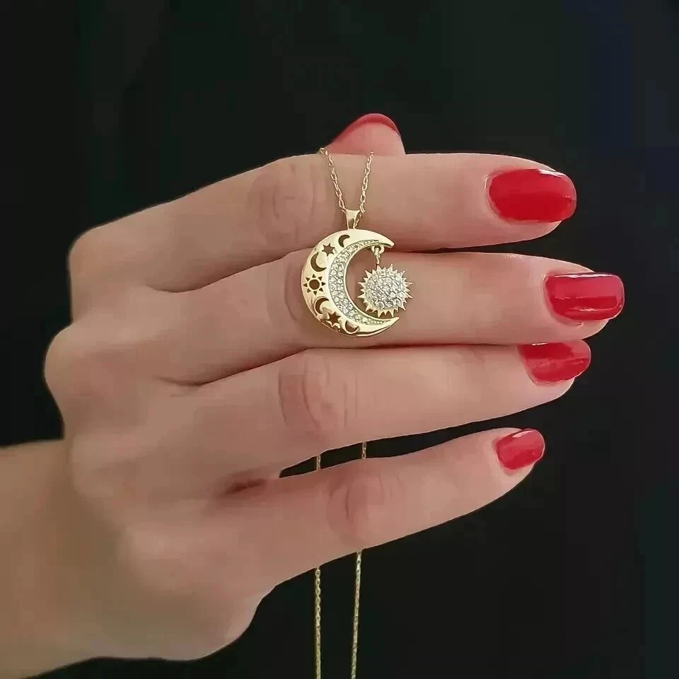 1.20Ct Round Cut Simulated Diamond Moon Sun Shape Pendant 14K Yellow Gold Plated