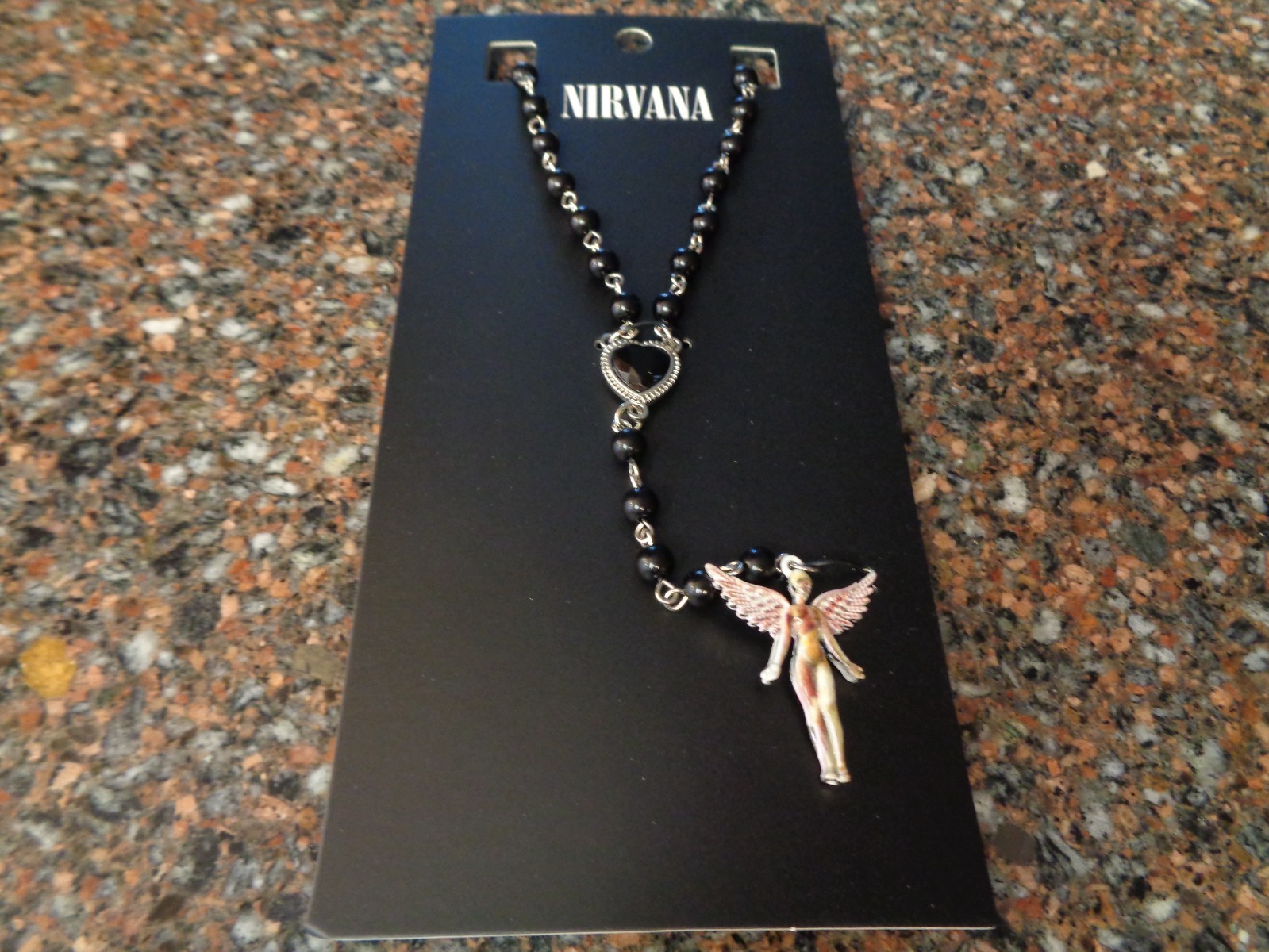 Nirvana In Utero Angel Rosary Necklace Black Bead Pendant Heart Cobain Brand New