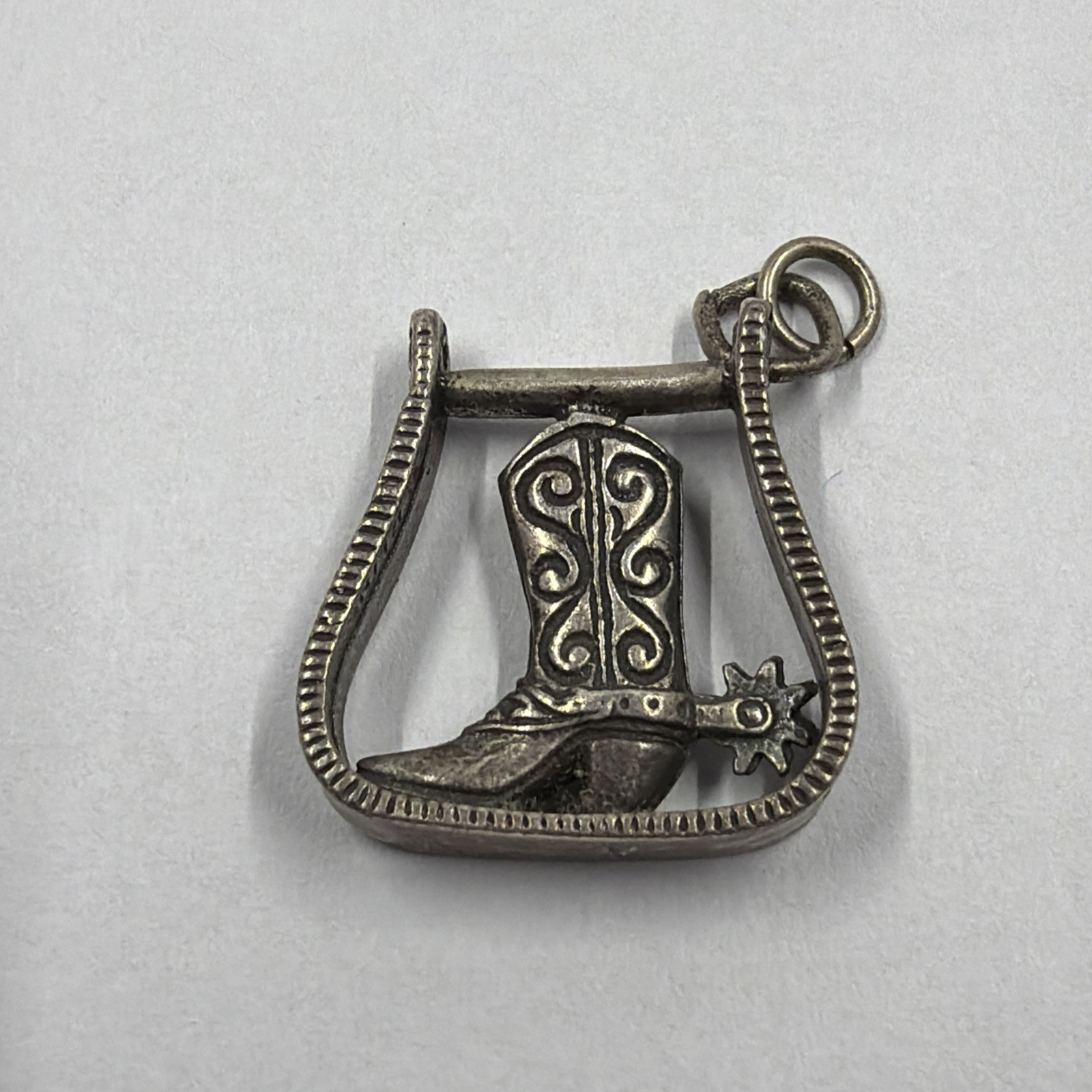 3D Cowboy Boot With Spur In Horse Stirrup Sterling 925 Pendant Charm 4.5G 0.8in