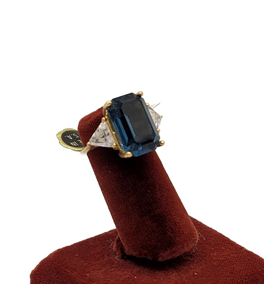 Vtg Sz 6 Ring Blue Clear Cubic Zirconia Signed 18KGE Gold Electroplated Jewelry