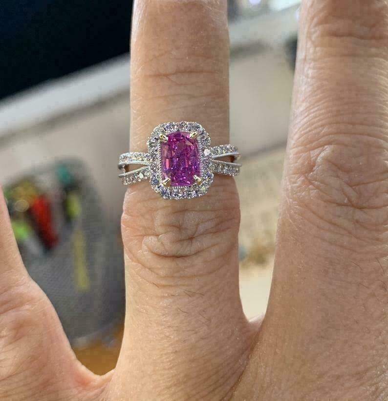 2.20Ct Lab-Created Pink Sapphire Halo Engagement Ring 14K White Gold Finish