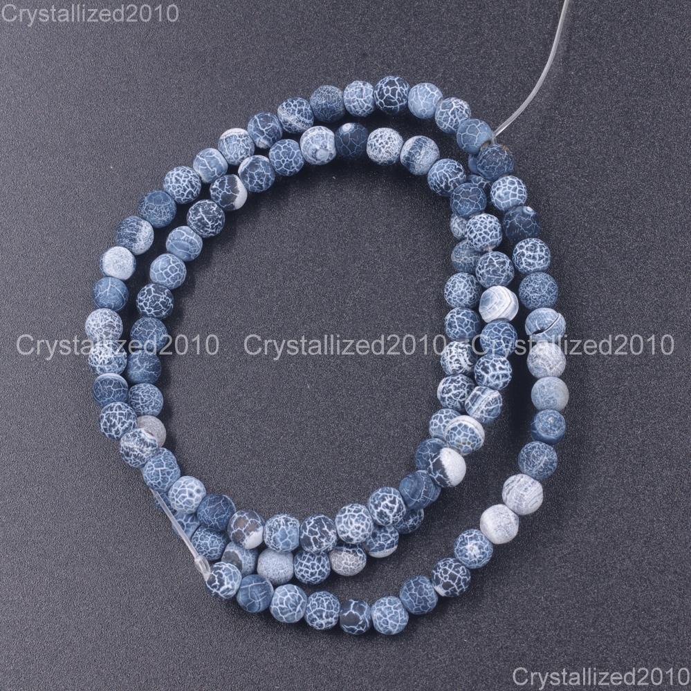 Matte Frosted Black Fire Crackle Agate Gemstones Round Beads 6mm 8mm 10mm 15″