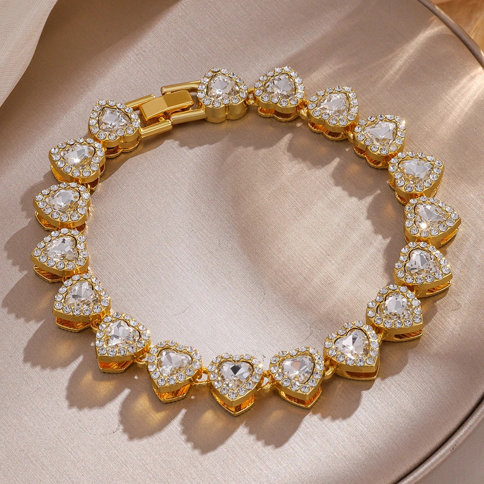 Rhinestone Tennis Chain Bracelets Yupsk 4Pcs/Set Trendy Hip Hop Rock Heart for W