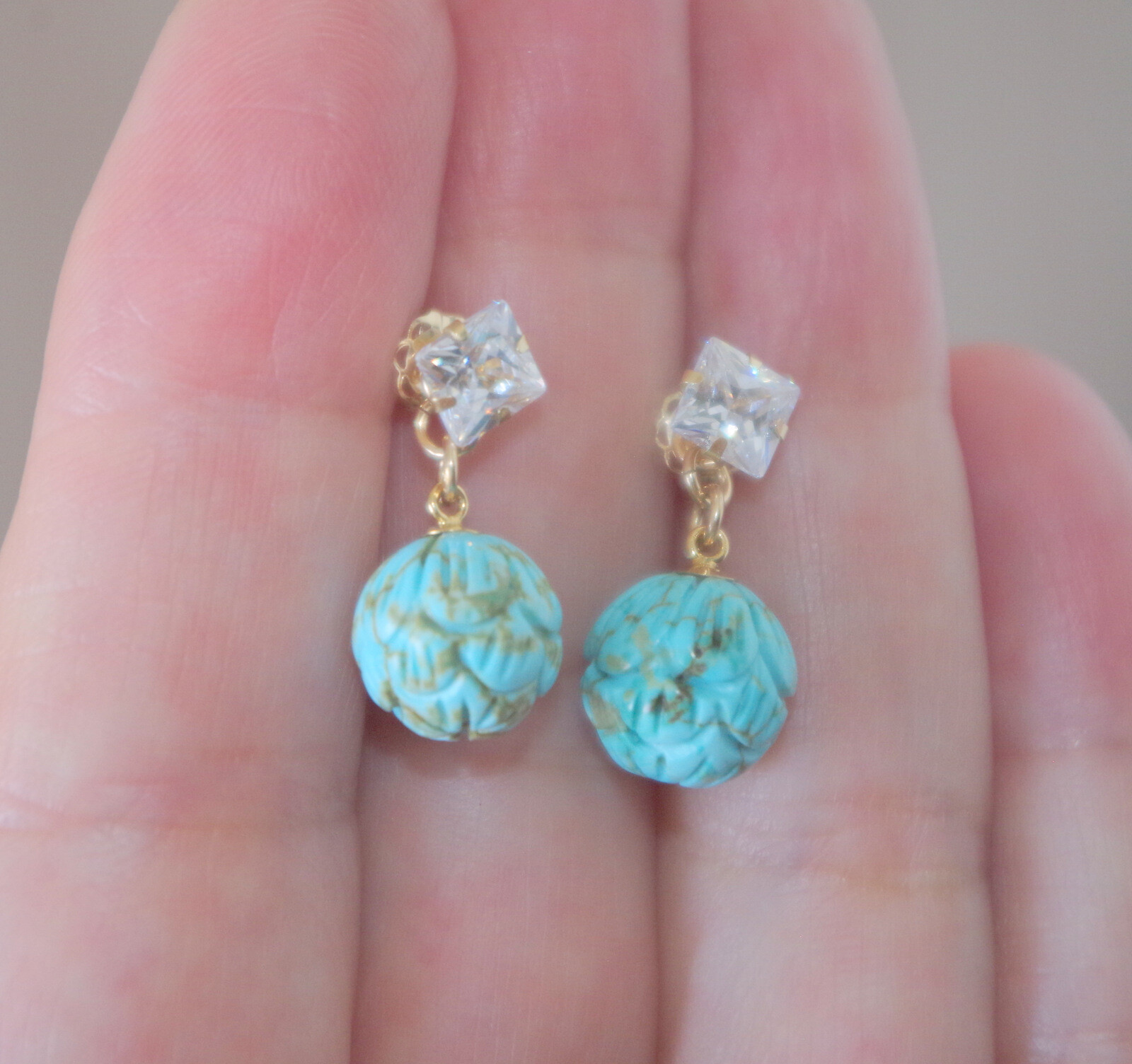 VINTAGE 1OK GENUINE 6 MM ZIRCON STUD EARRINGS W 10 MM TURQUOISE BALL JACKETS