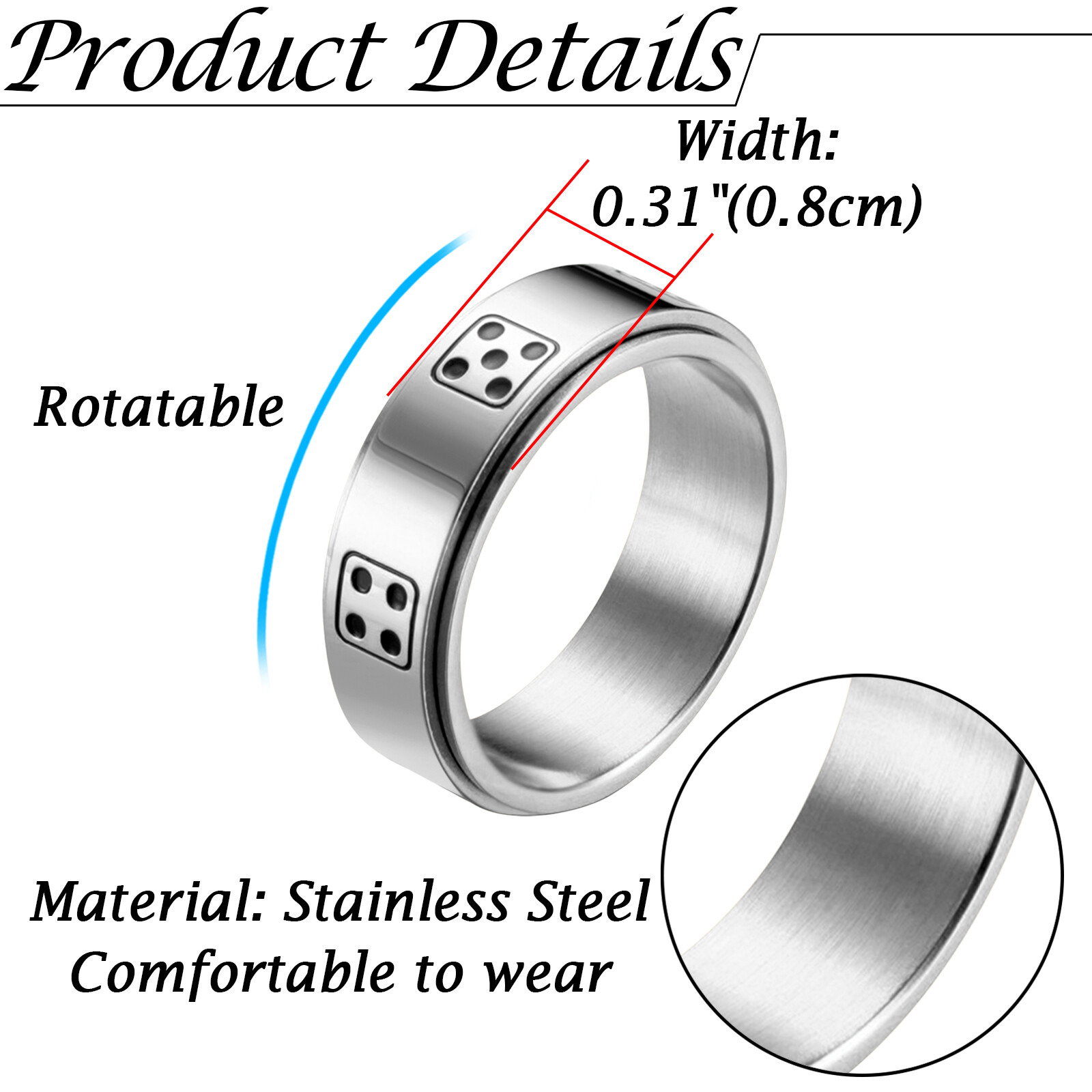 Casino Dice Spinner Fidget Ring Stainless Steel Anti Anxiety Band for Men Women