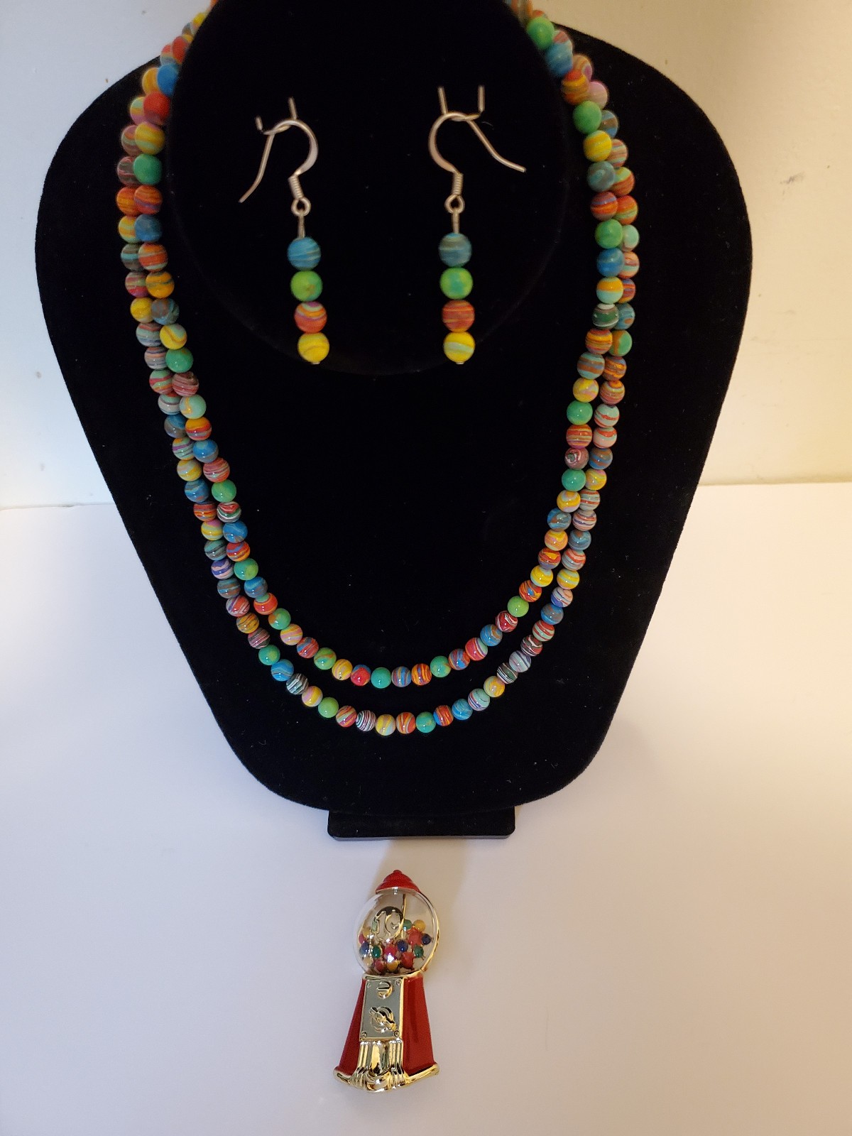 Fun Multi Color Striped Beaded Necklace / Earring Set / Brooch