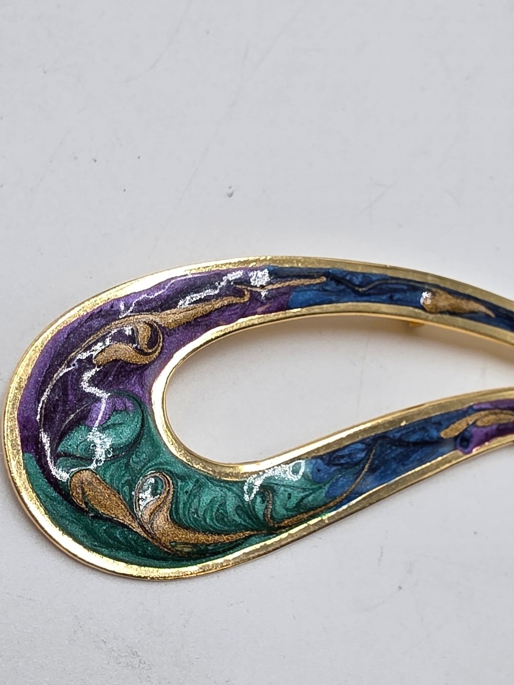 Vintage Abstract Enamel Brooch – Gold Tone Blue, Purple & Teal Art Nouveau Style