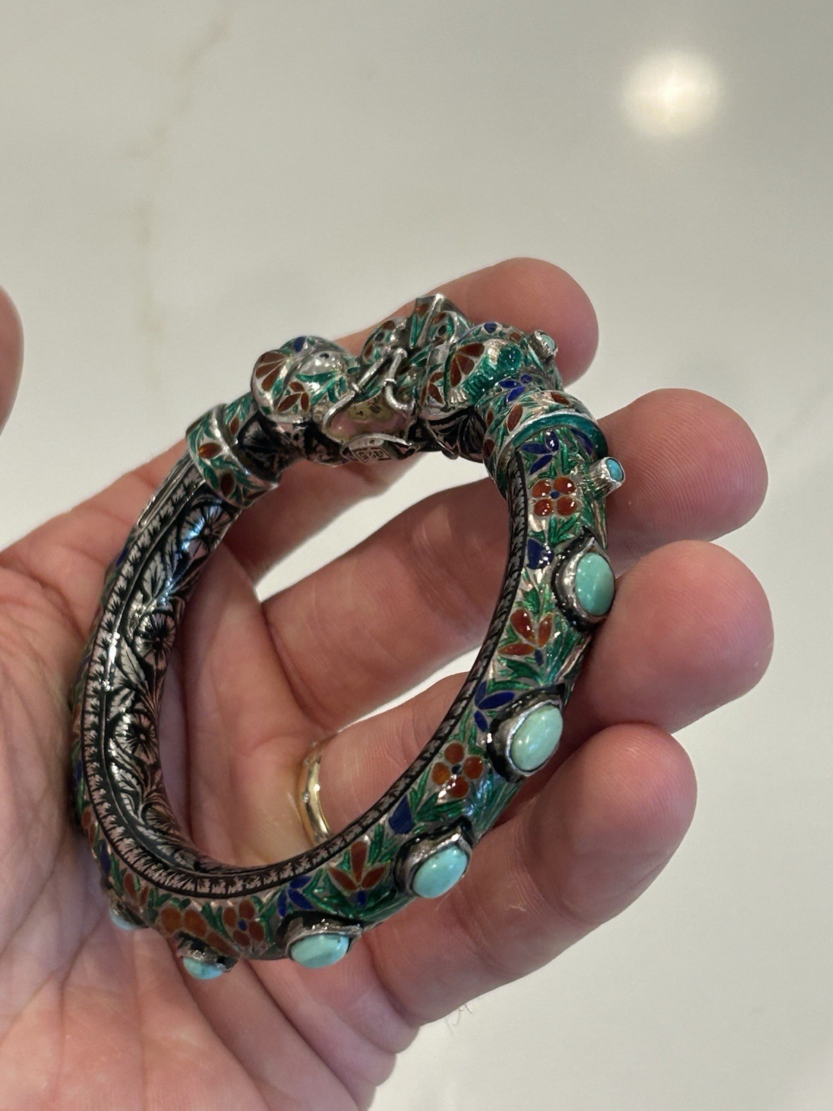 Vintage Indian Meenakari Sterling Enameled Elephant Head Bangle Turquoise AS IS