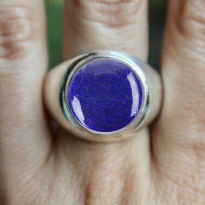 Solid 925 Sterling Silver Natural Lapis Lazuli Round Gemstone Men’s Unisex Ring
