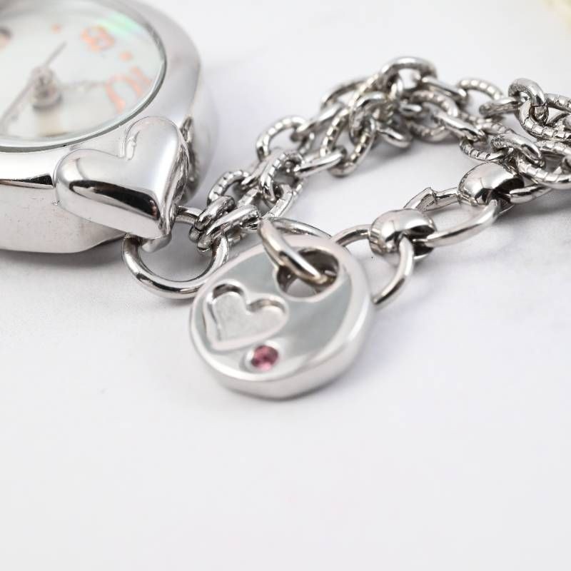 sara ladies’ wristwatch pearl bracelet watch oval shell dial heart motif silver