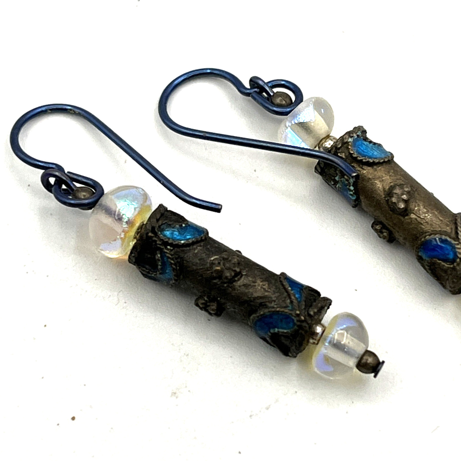 Vintage Chinese Export Blue Enamel Earrings 1.75″
